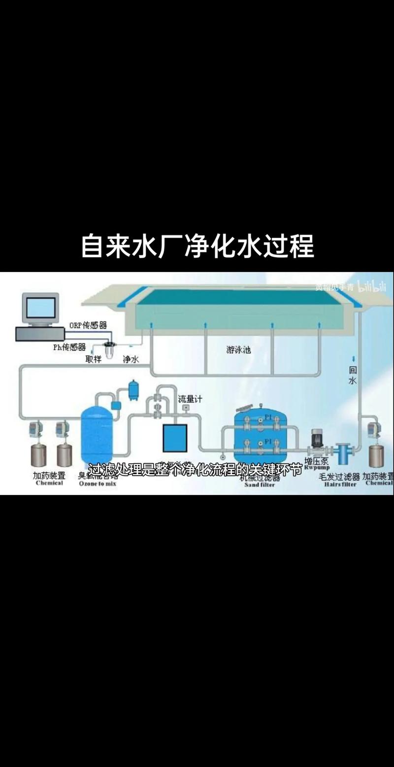 自来水厂净化水过程: 取水口取水加入絮凝剂,吸附水中悬浮物